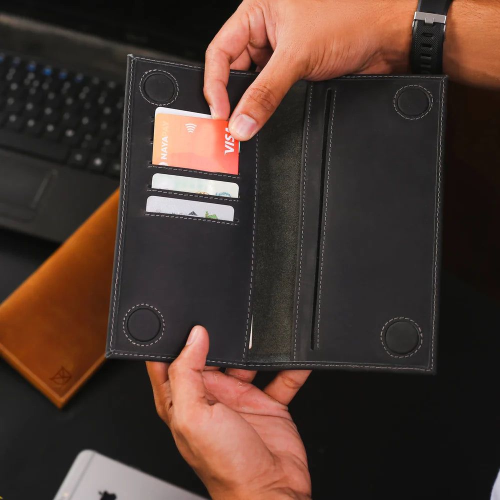 Classic Tan Leather Cheque Book Black Wallet by BM7