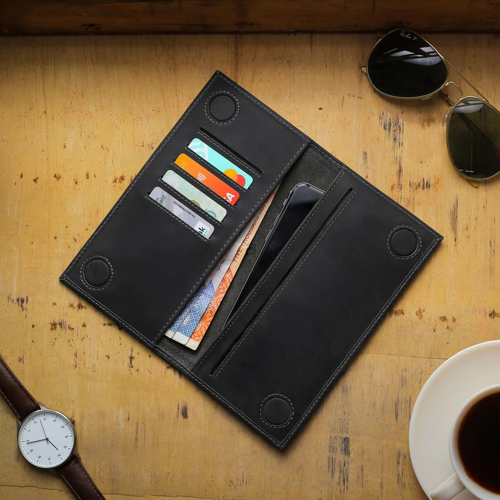 Classic Tan Leather Cheque Book Black Wallet by BM7